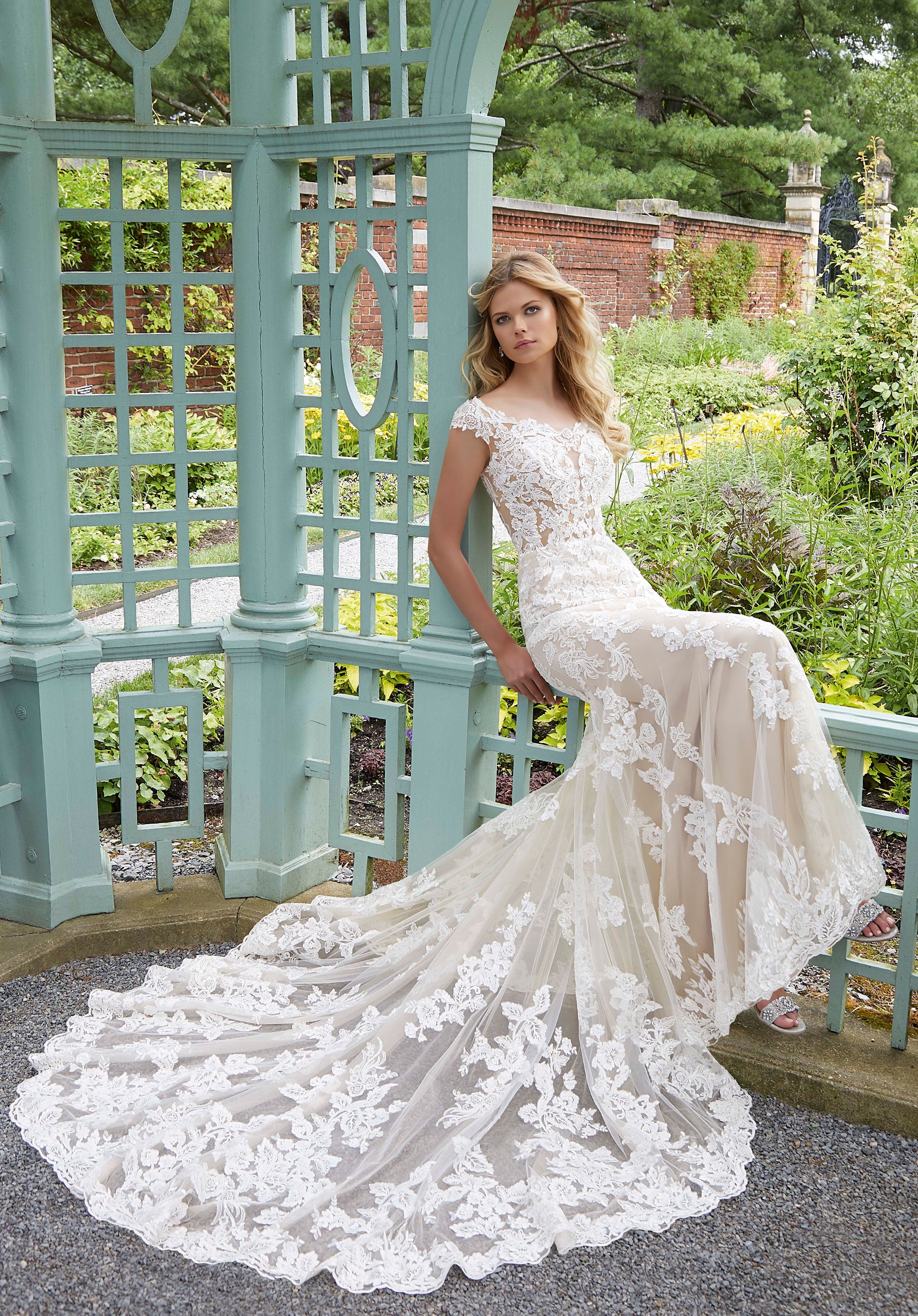 Lace and Tulle Fit-and-Flare Wedding Dress with Scalloped Train